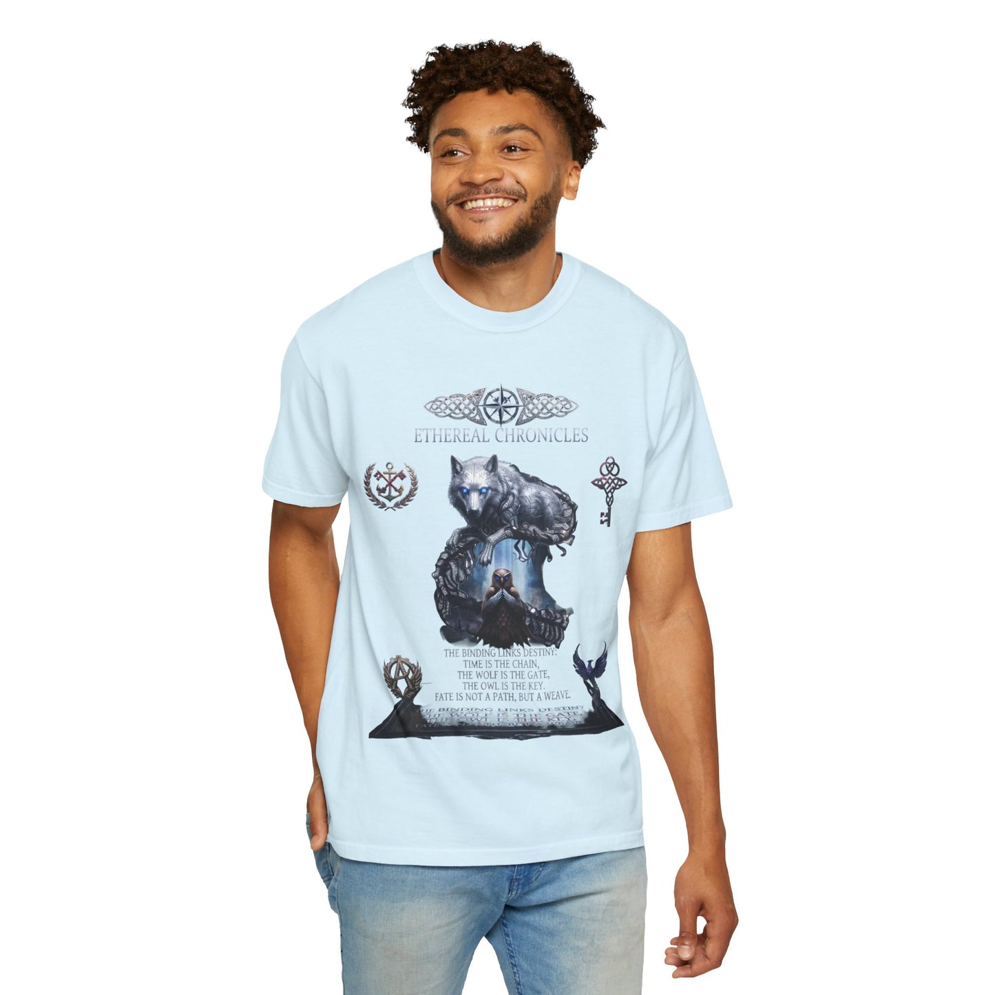 Ethereal Chronicles Graphic Tee | Mythical Wolf & Celestial Owl Shirts for Men & Women | Dark Fantasy Gothic Aesthetics Heavyweight Comfort Colors 1717 T-Shirt