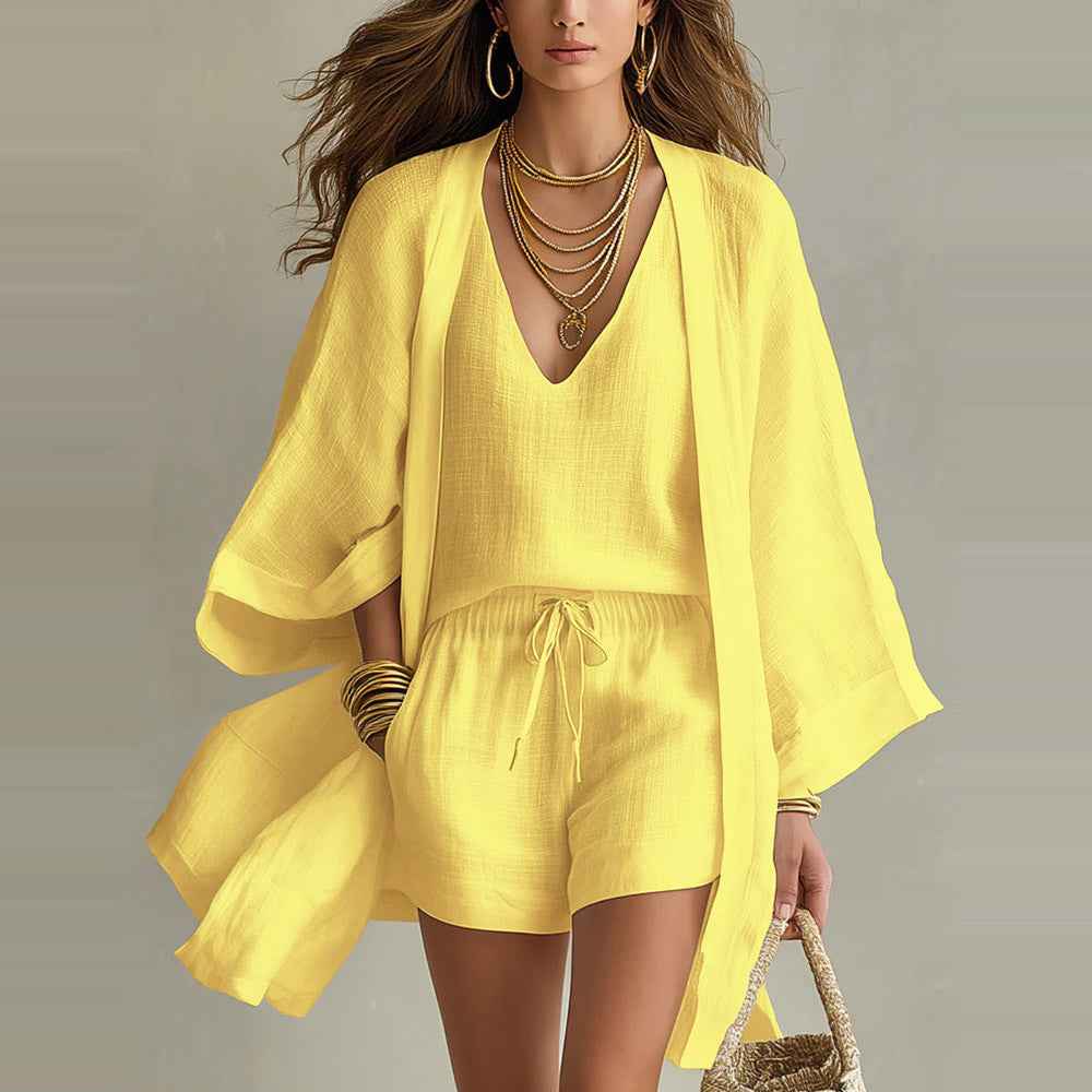 Women's 3-Piece Casual Set: Sleeveless Vest, Cardigan, Shorts