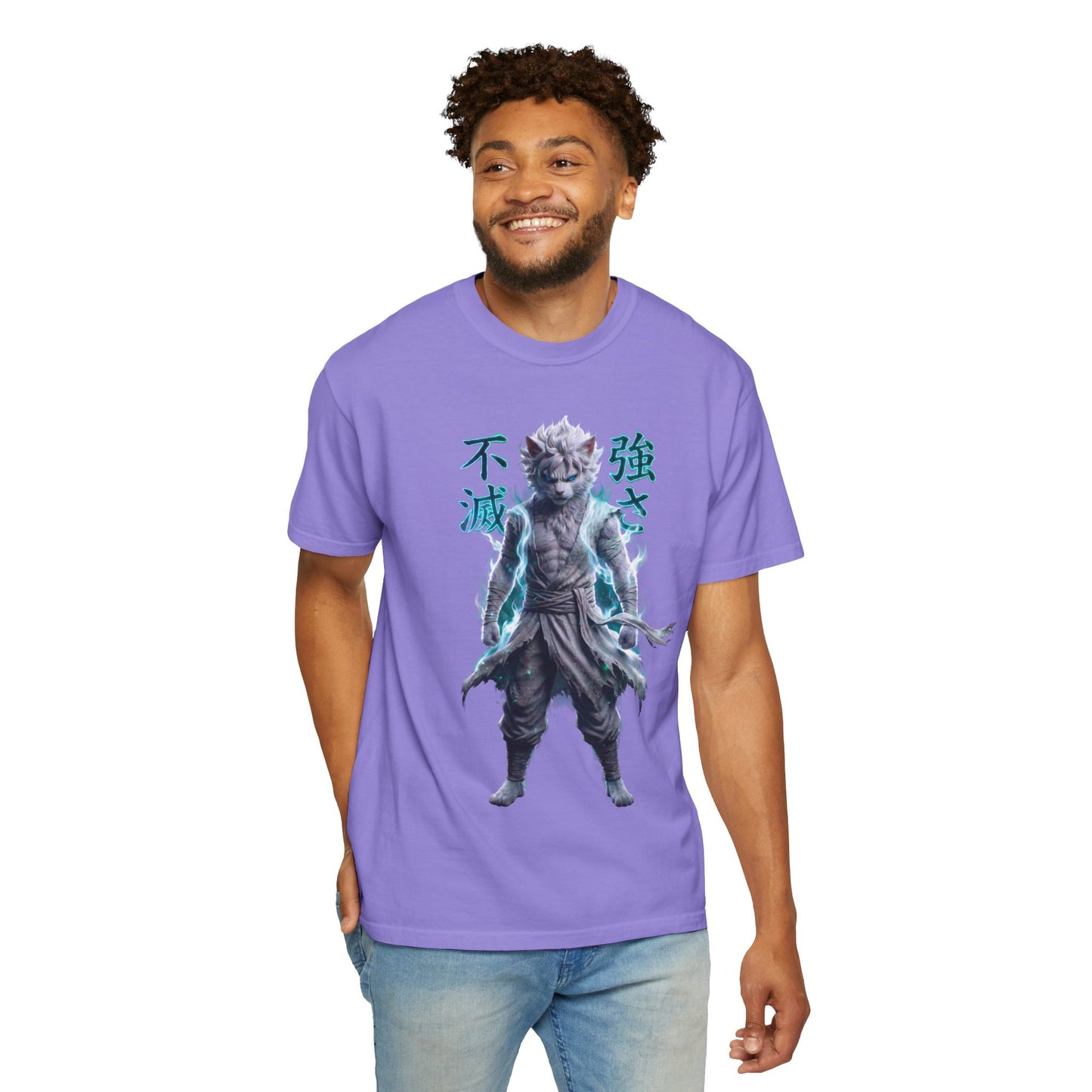 Y2K Cyberpunk Graphic Tee White Silver Cat Warrior Unisex Harajuku Style Streetwear Comfort Colors 1717 T-Shirt