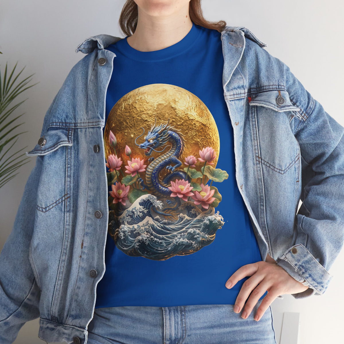 Japanese Dragon & Lotus Moon Graphic Tee - Heavy Cotton Streetwear