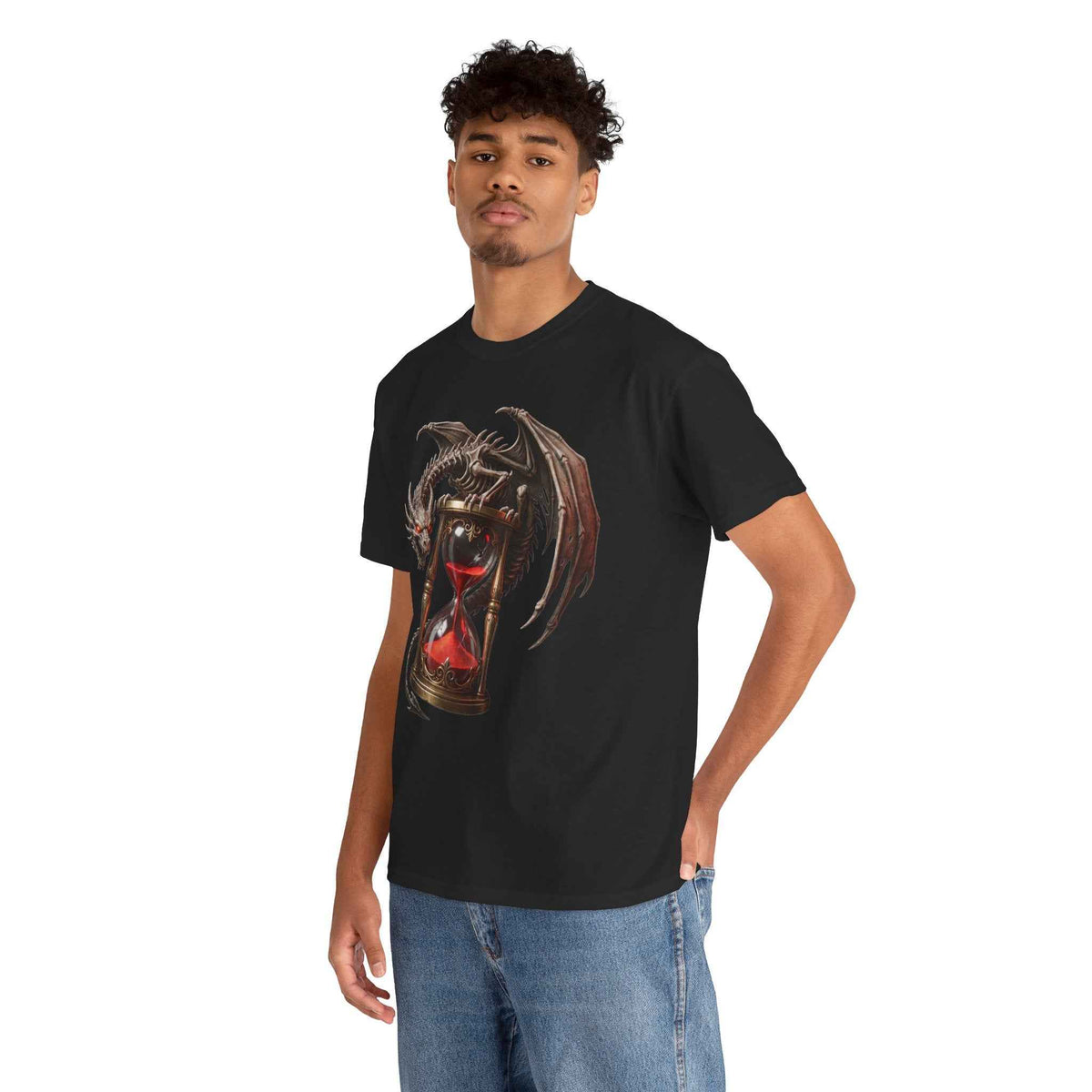 Crimson Dragon Hourglass Graphic Tee - Heavyweight Cotton Dark Fantasy Streetwear T-Shirt