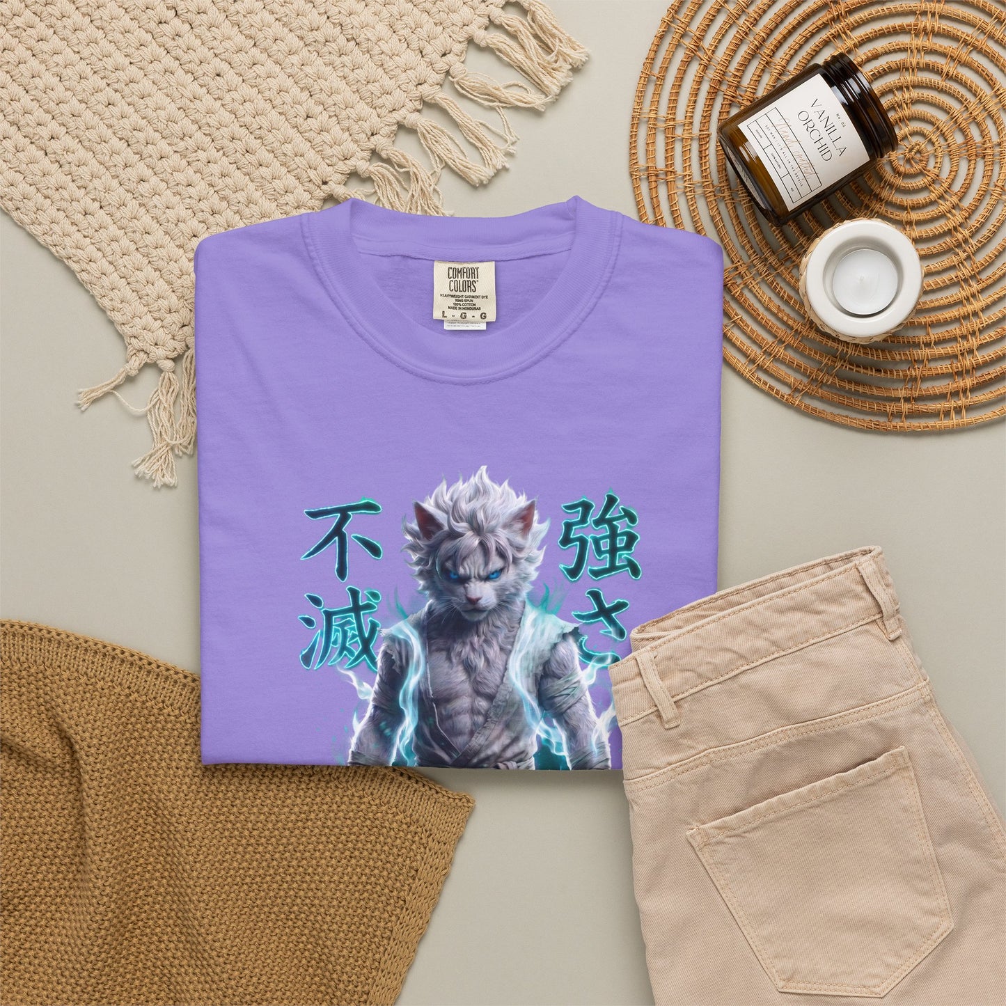 Y2K Cyberpunk Graphic Tee White Silver Cat Warrior Unisex Harajuku Style Streetwear Comfort Colors 1717 T-Shirt
