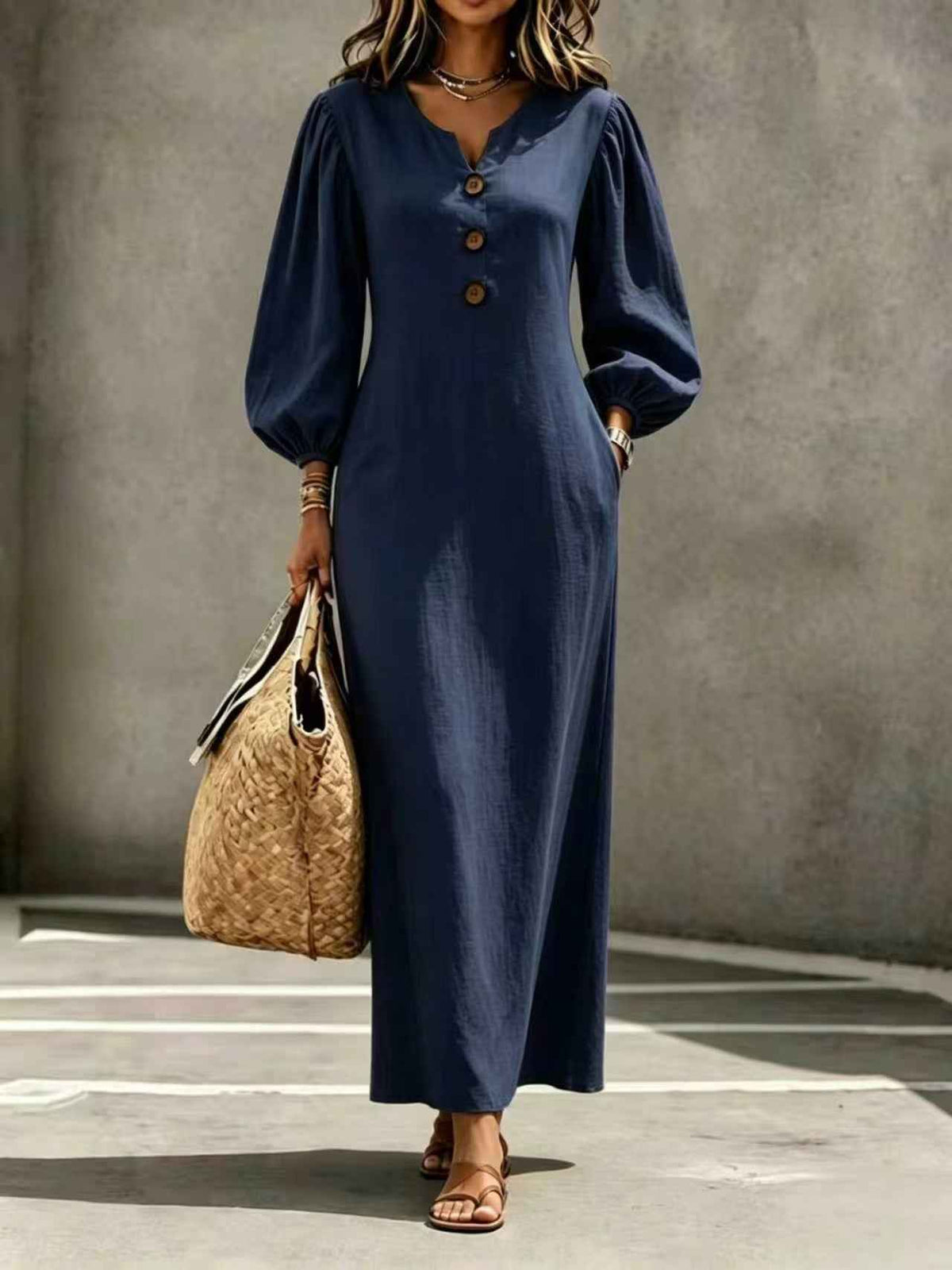 V-Neck Puff Sleeve A-Line Dress Women Long Casual Summer Autumn