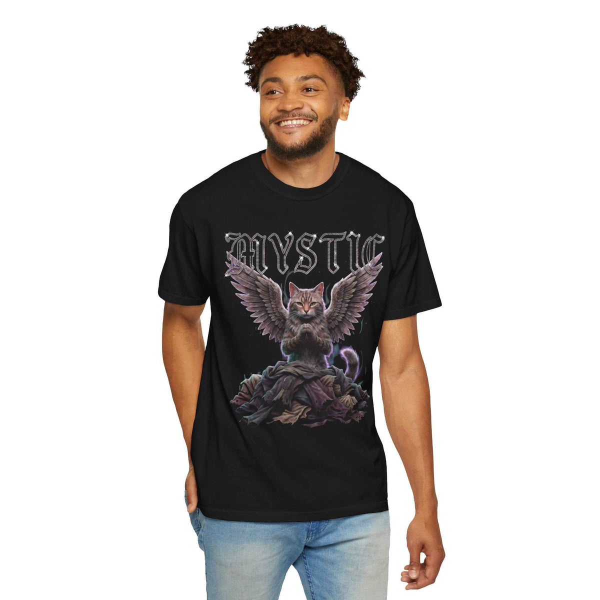 Mystic Cat Gothic Angel Wings Cyberpunk Tee - Dark Aesthetic, 1717 Comfort Colors, Oversized