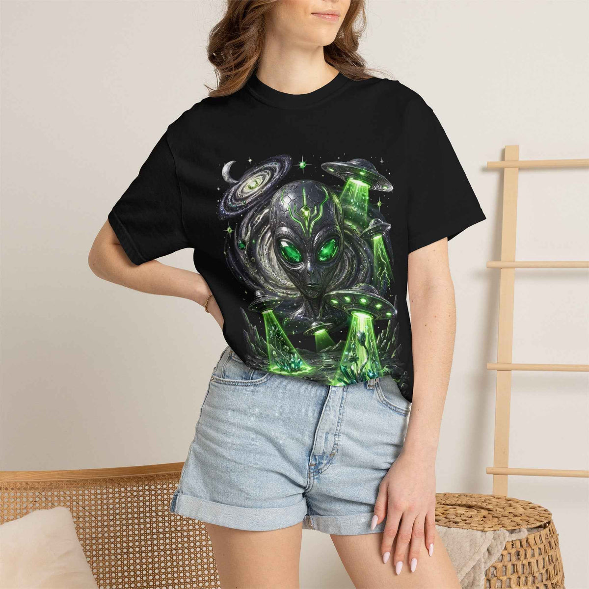Cyberpunk Cosmic Monster Tee - Green Neon Harajuku Y2K Statement Shirt