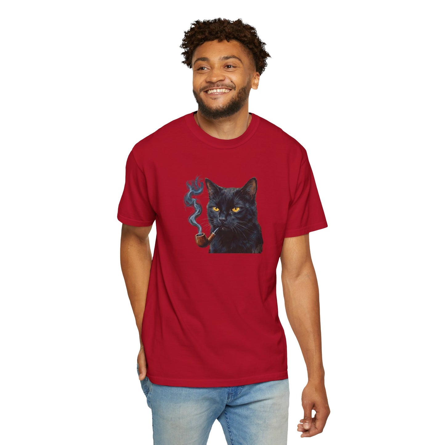 Smoking Cat Graphic T-Shirt — Retro Black Cat with Pipe Tee