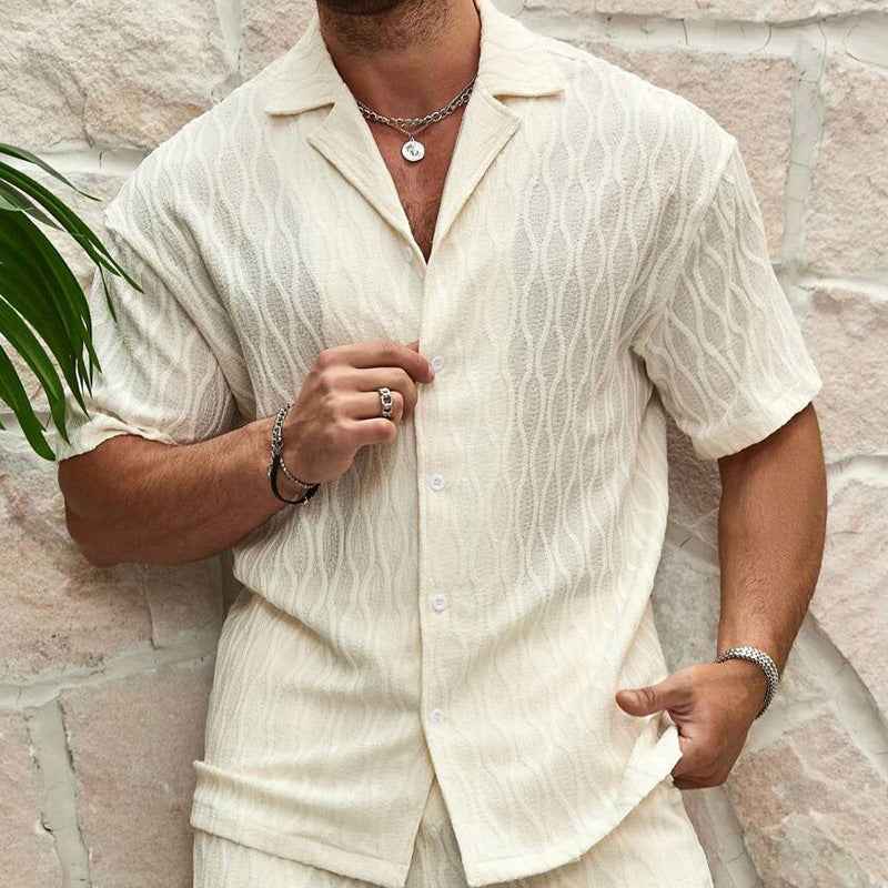 Vintage Wavy Jacquard Two-Piece Set - Lightweight Short Sleeve Button Up Shirt & Shorts Casual Urban Co-ord Outfits
