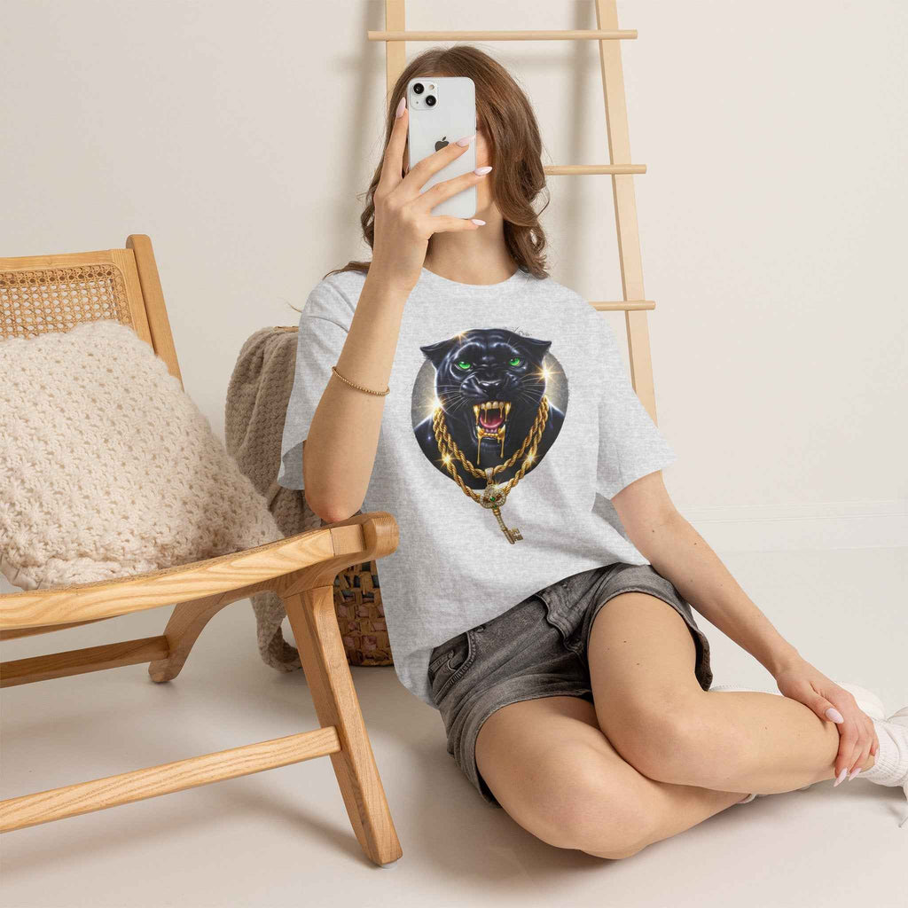 Luxury Black Panther Graphic Tee with Gold Chains & Key