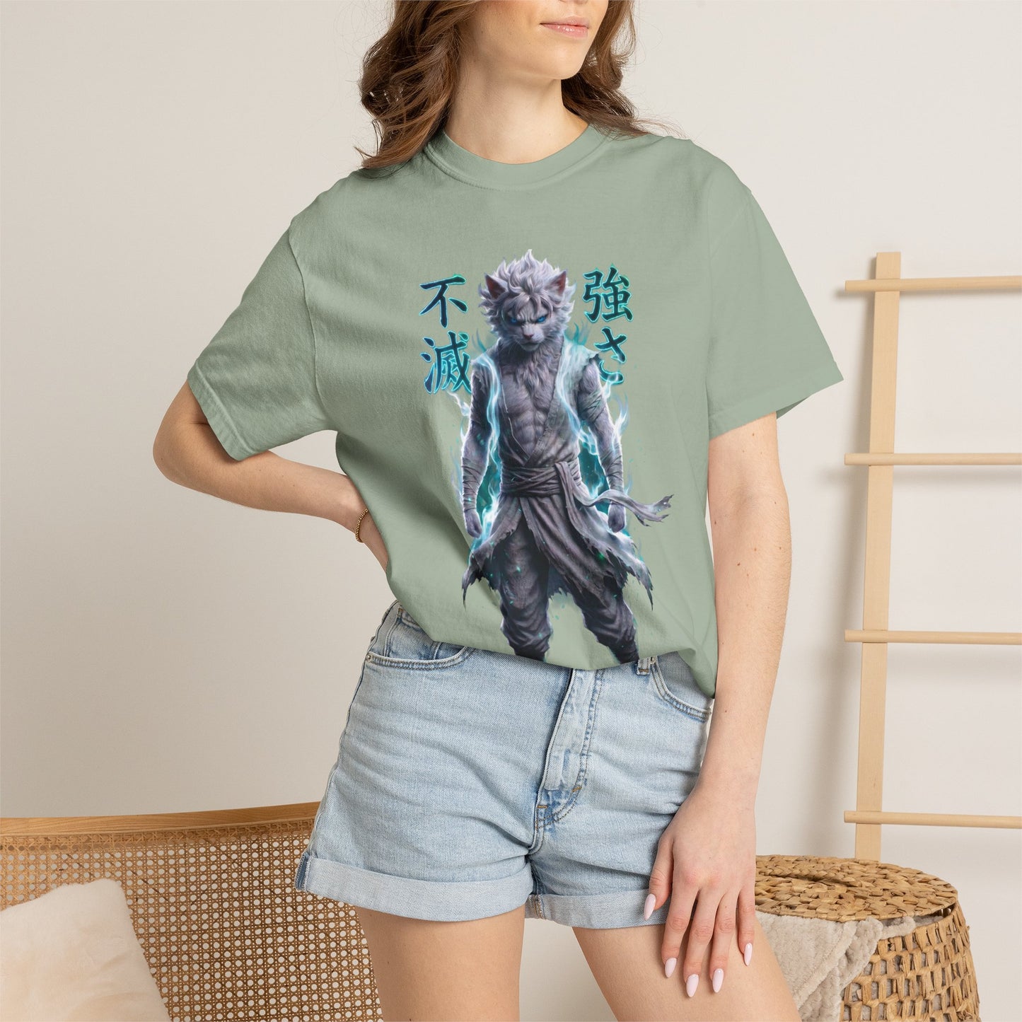 Y2K Cyberpunk Graphic Tee White Silver Cat Warrior Unisex Harajuku Style Streetwear Comfort Colors 1717 T-Shirt