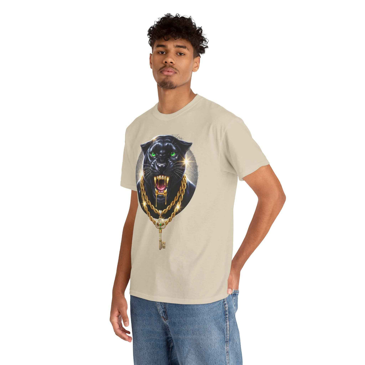 Luxury Black Panther Graphic Tee with Gold Chains & Key