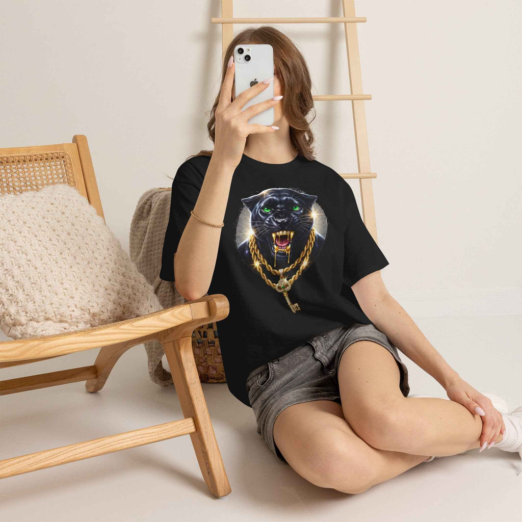 Luxury Black Panther Graphic Tee with Gold Chains & Key