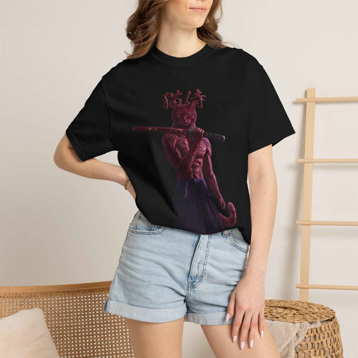 Heavyweight Vintage Red Samurai Cat Tee - Boxy Graphic Tee for Dark Aesthetic Fans