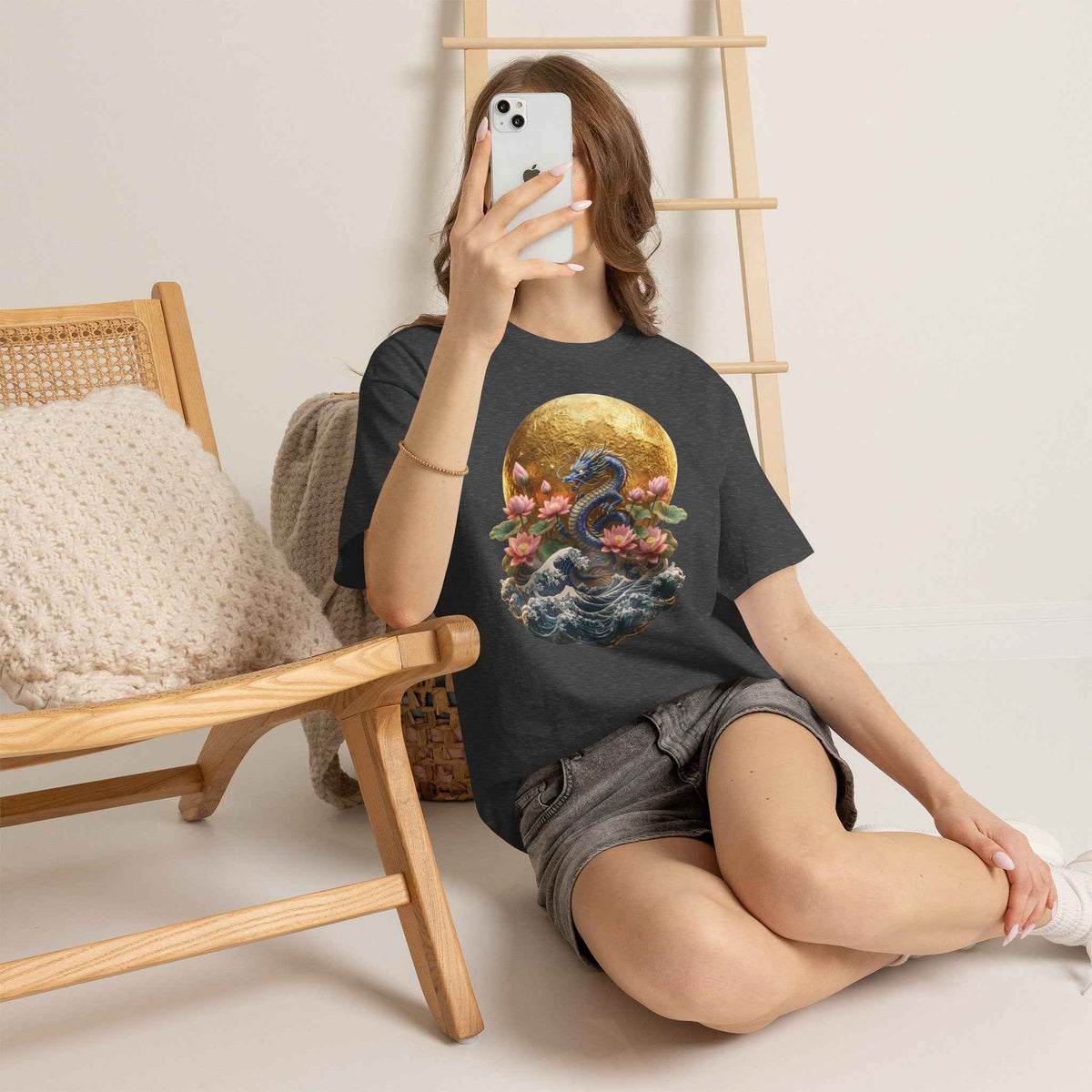 Japanese Dragon & Lotus Moon Graphic Tee - Heavy Cotton Streetwear