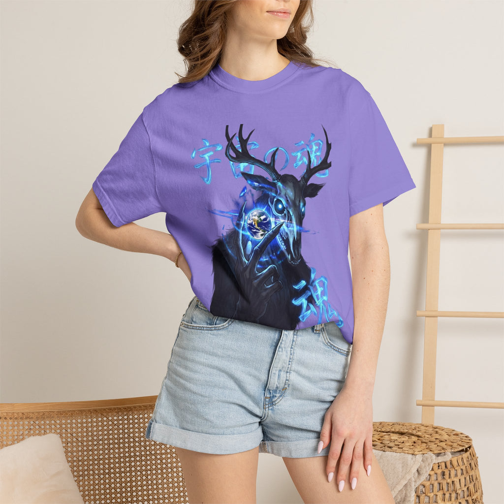 Neon Blue Cosmic Skull Graphic Tee - Unisex Cyberpunk Harajuku Streetwear