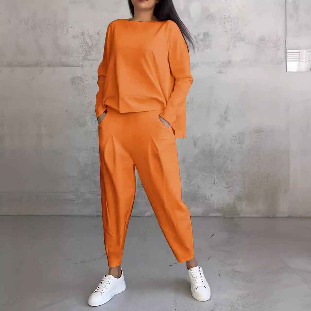 Women's Irregular Suit Long Sleeve Round Neck Top & Loose Harem Pants with Pockets - Fashion Casual Set