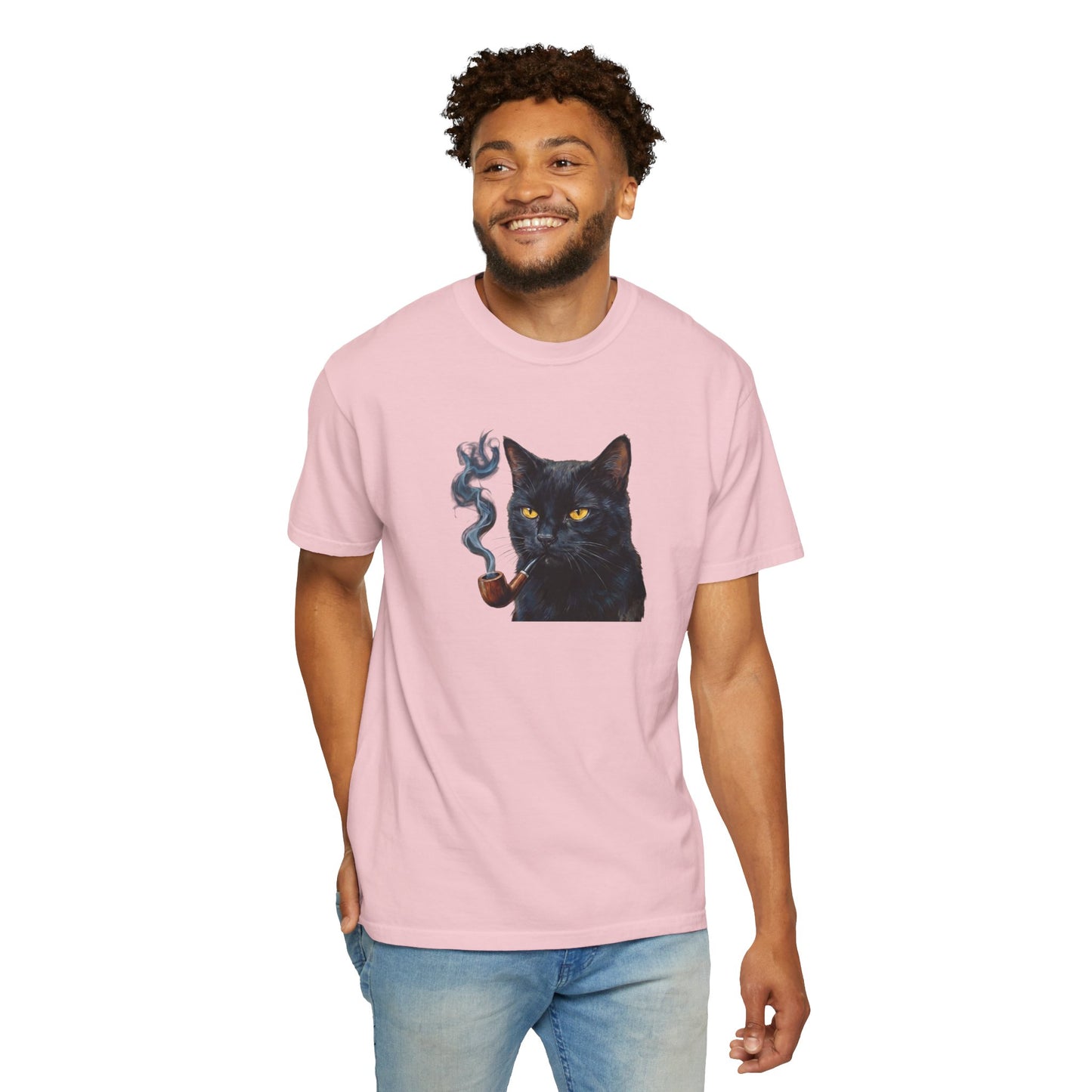 Smoking Cat Graphic T-Shirt — Retro Black Cat with Pipe Tee