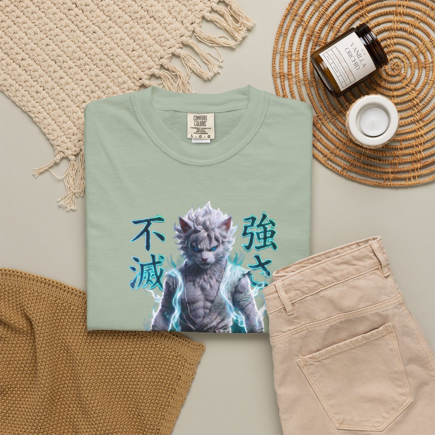Y2K Cyberpunk Graphic Tee White Silver Cat Warrior Unisex Harajuku Style Streetwear Comfort Colors 1717 T-Shirt