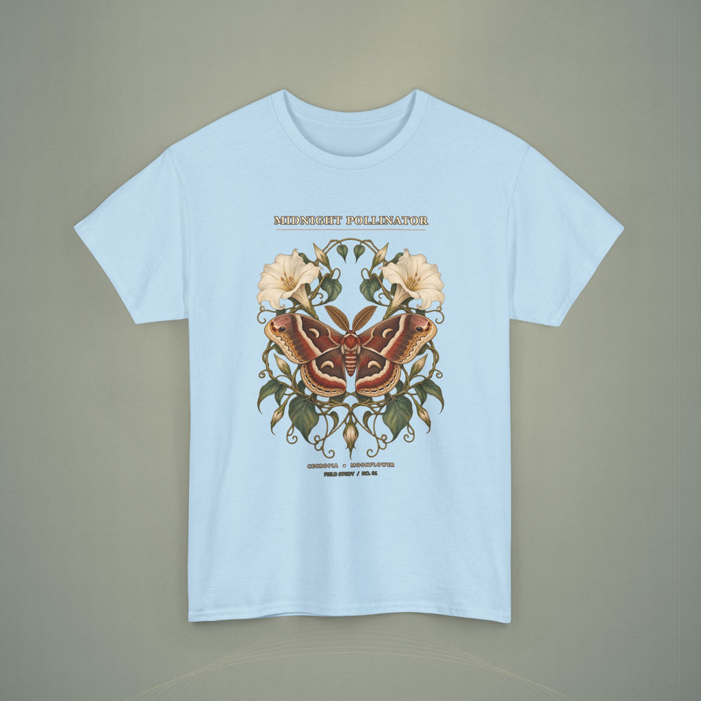 Midnight Pollinator Cecropia Moth & Moonflower Graphic Tee | Vintage Botanical Night Garden Shirt