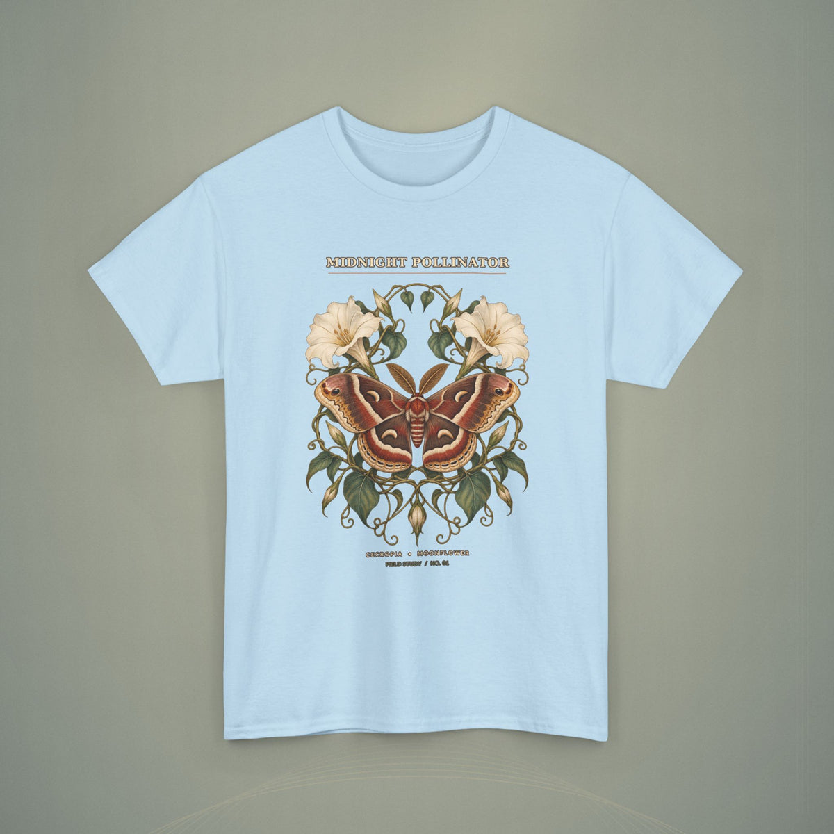 Midnight Pollinator Cecropia Moth & Moonflower Graphic Tee | Vintage Botanical Night Garden Shirt