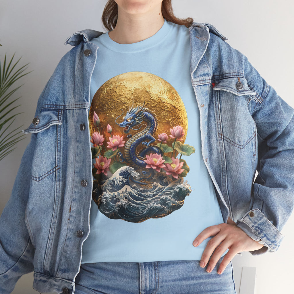 Japanese Dragon & Lotus Moon Graphic Tee - Heavy Cotton Streetwear
