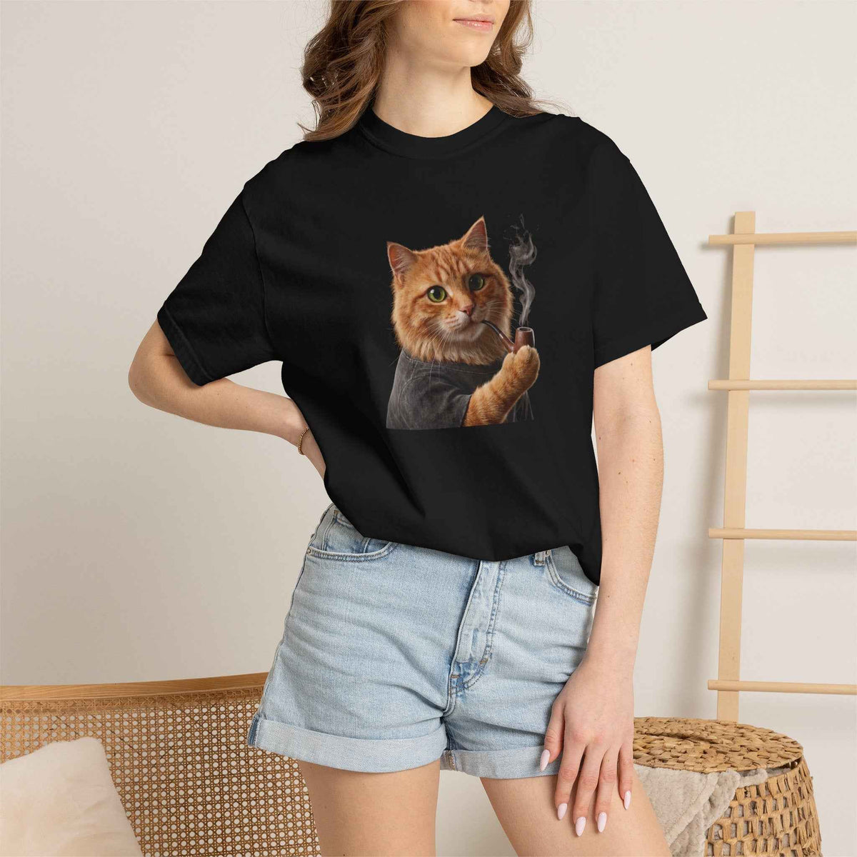Funny Orange Cat Smoking Pipe Graphic Tee, Harajuku Streetwear, Cozy Kitten