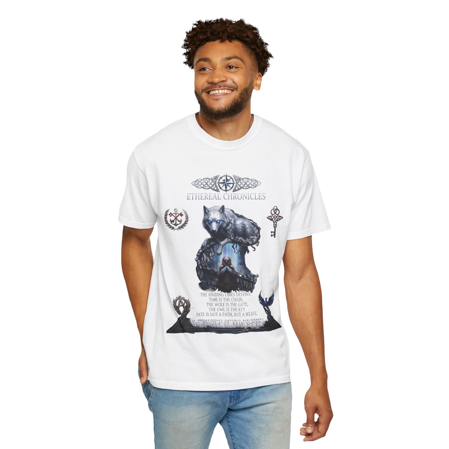 Ethereal Chronicles Graphic Tee | Mythical Wolf & Celestial Owl Shirts for Men & Women | Dark Fantasy Gothic Aesthetics Heavyweight Comfort Colors 1717 T-Shirt