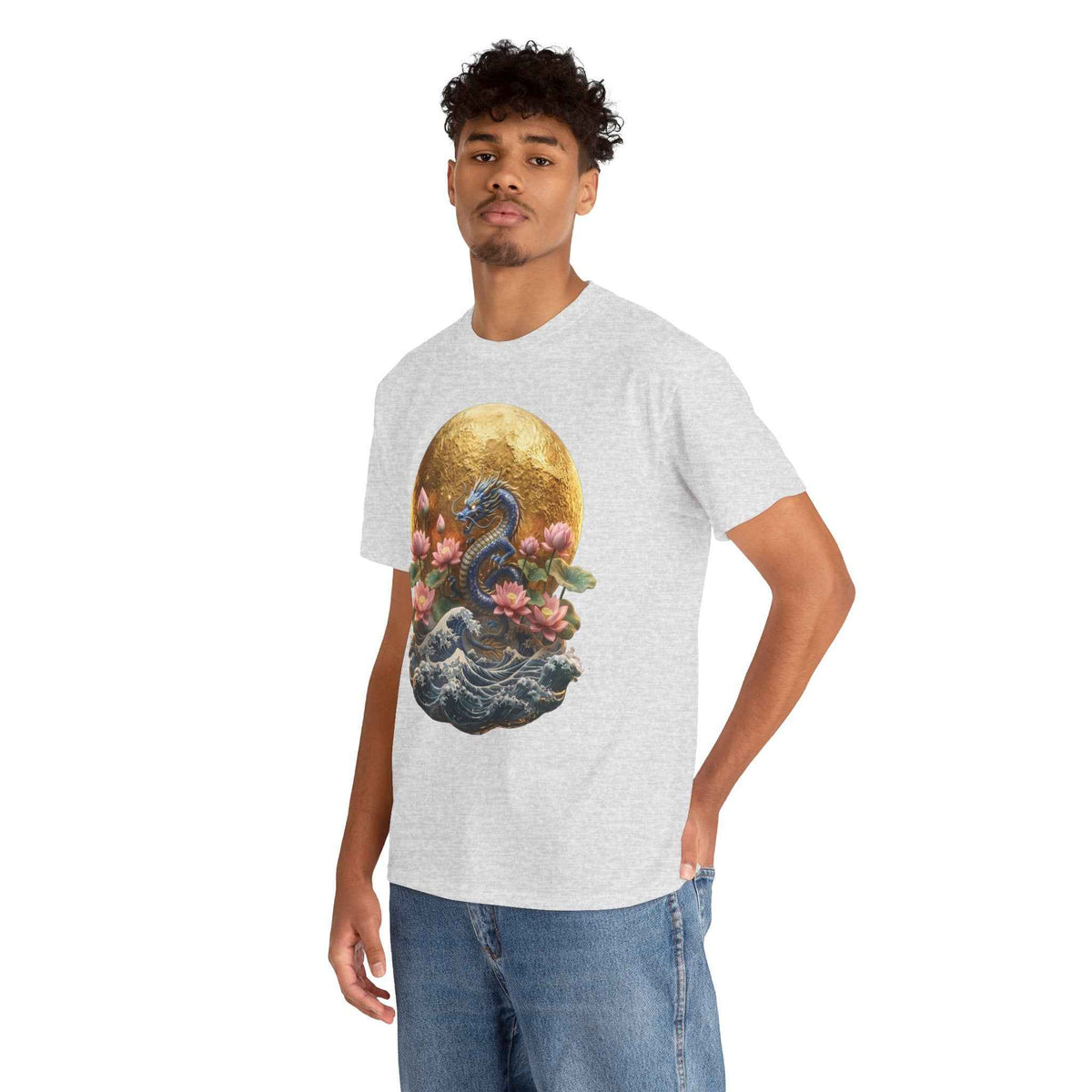Japanese Dragon & Lotus Moon Graphic Tee - Heavy Cotton Streetwear