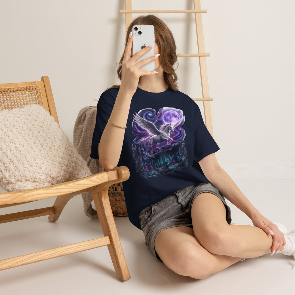 Celestial Pegasus Galaxy Moon Cotton T-Shirt - Cosmic Fantasy Graphic Tee