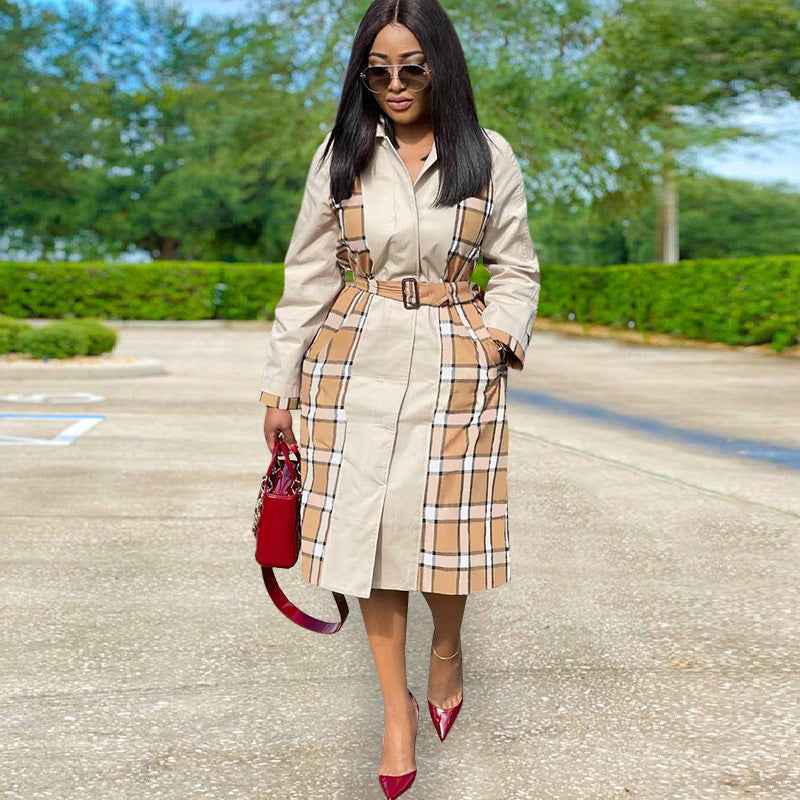 Fashion Casual Plaid Stitching Coat Trench Coat