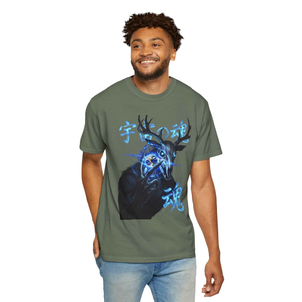 Neon Blue Cosmic Skull Graphic Tee - Unisex Cyberpunk Harajuku Streetwear