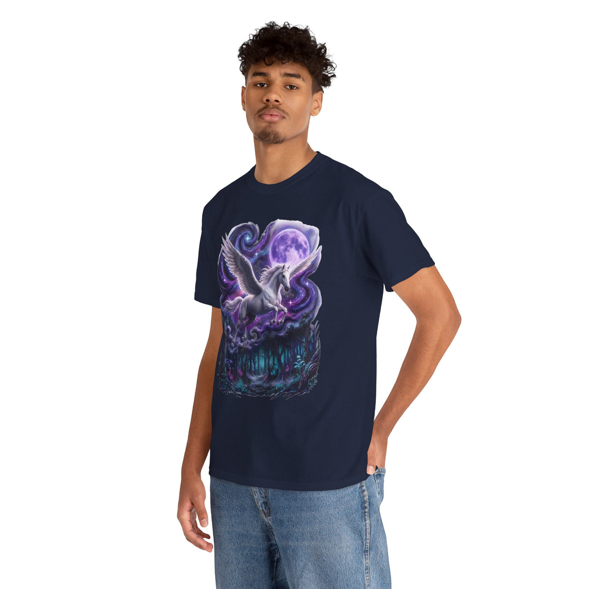 Celestial Pegasus Galaxy Moon Cotton T-Shirt - Cosmic Fantasy Graphic Tee