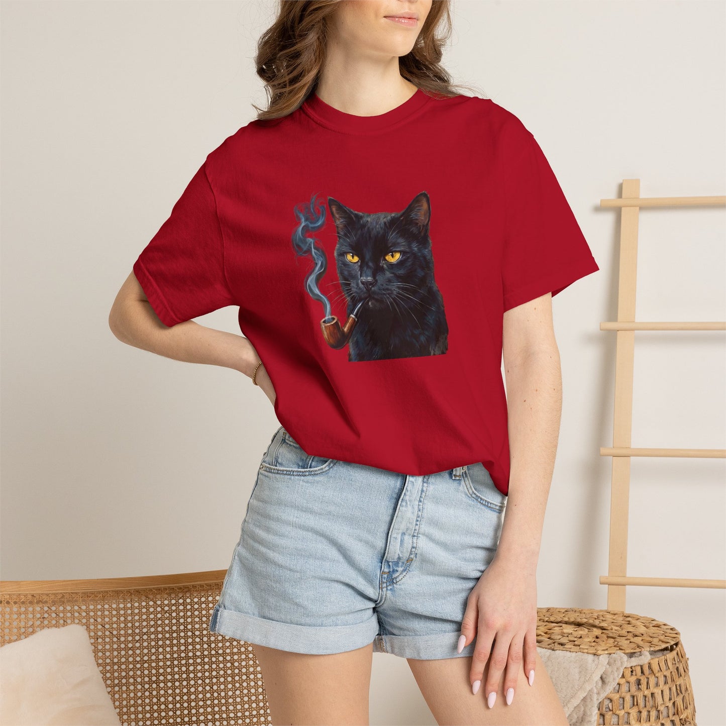 Smoking Cat Graphic T-Shirt — Retro Black Cat with Pipe Tee
