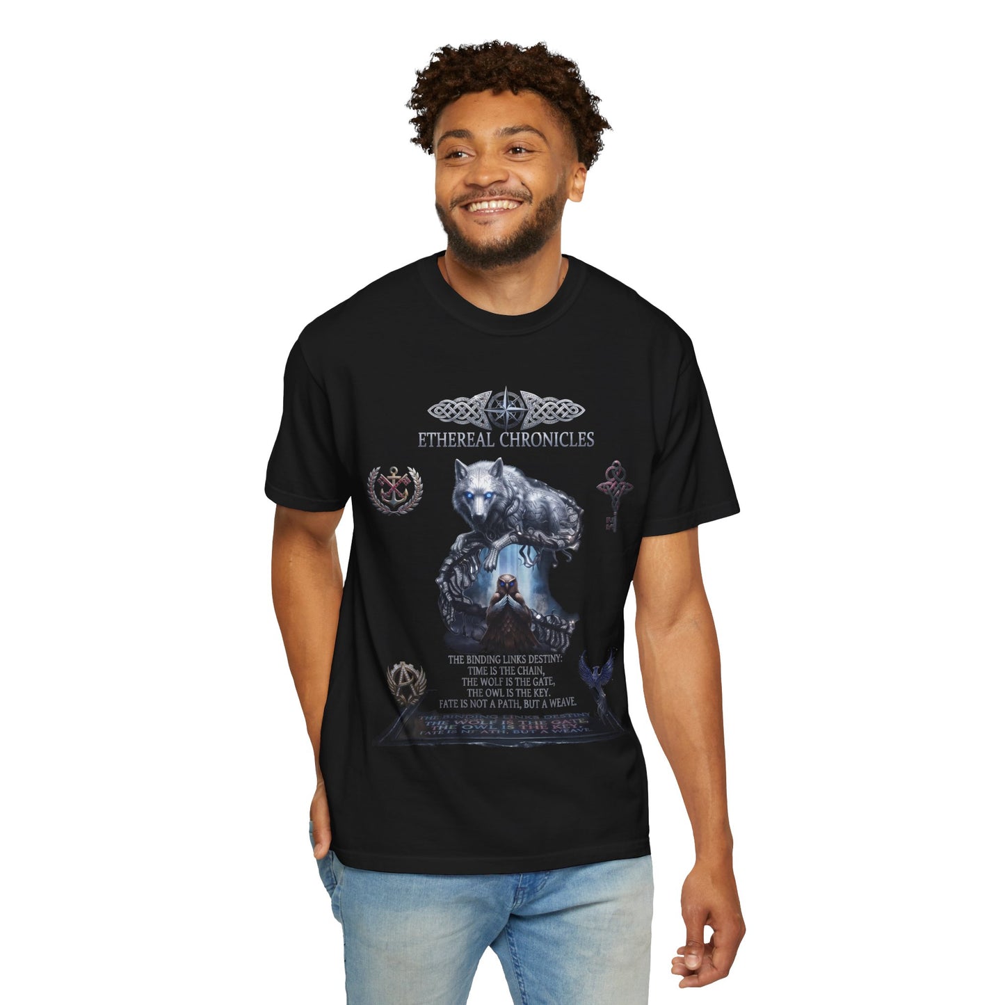 Ethereal Chronicles Graphic Tee | Mythical Wolf & Celestial Owl Shirts for Men & Women | Dark Fantasy Gothic Aesthetics Heavyweight Comfort Colors 1717 T-Shirt