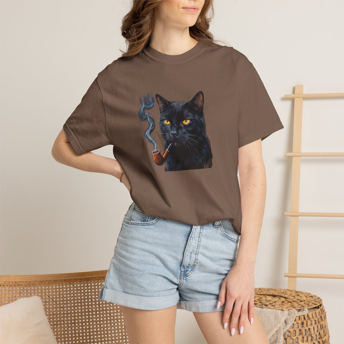 Smoking Cat Graphic T-Shirt — Retro Black Cat with Pipe Tee