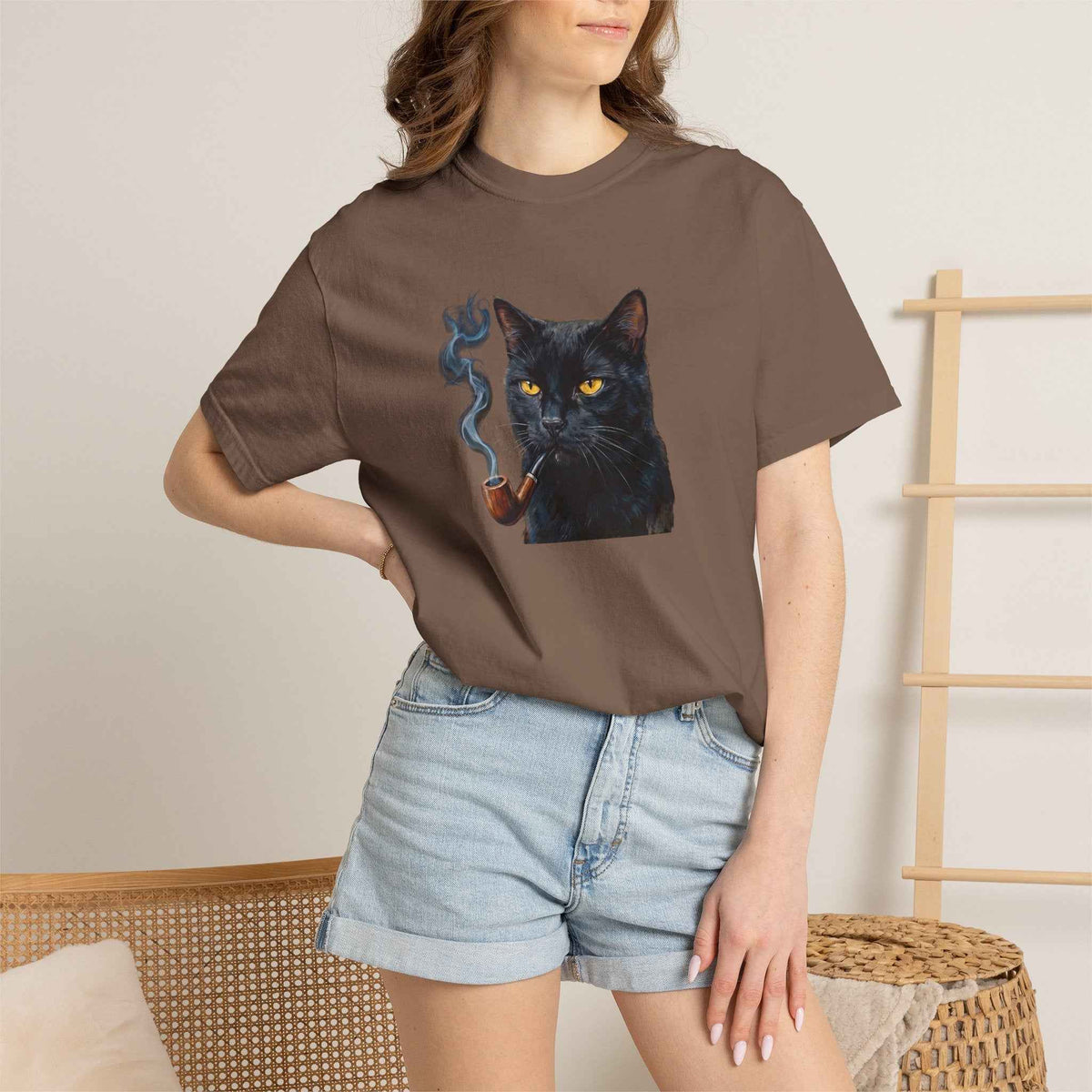 Smoking Cat Graphic T-Shirt — Vintage Noir Cat with Pipe Tee