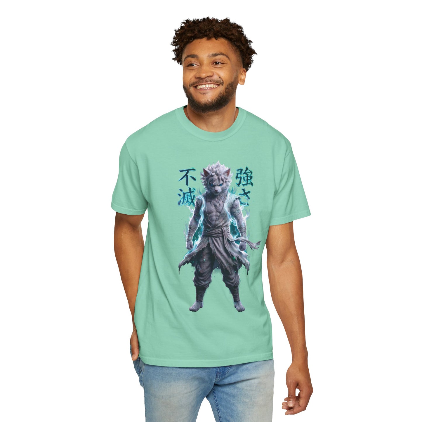 Y2K Cyberpunk Graphic Tee White Silver Cat Warrior Unisex Harajuku Style Streetwear Comfort Colors 1717 T-Shirt