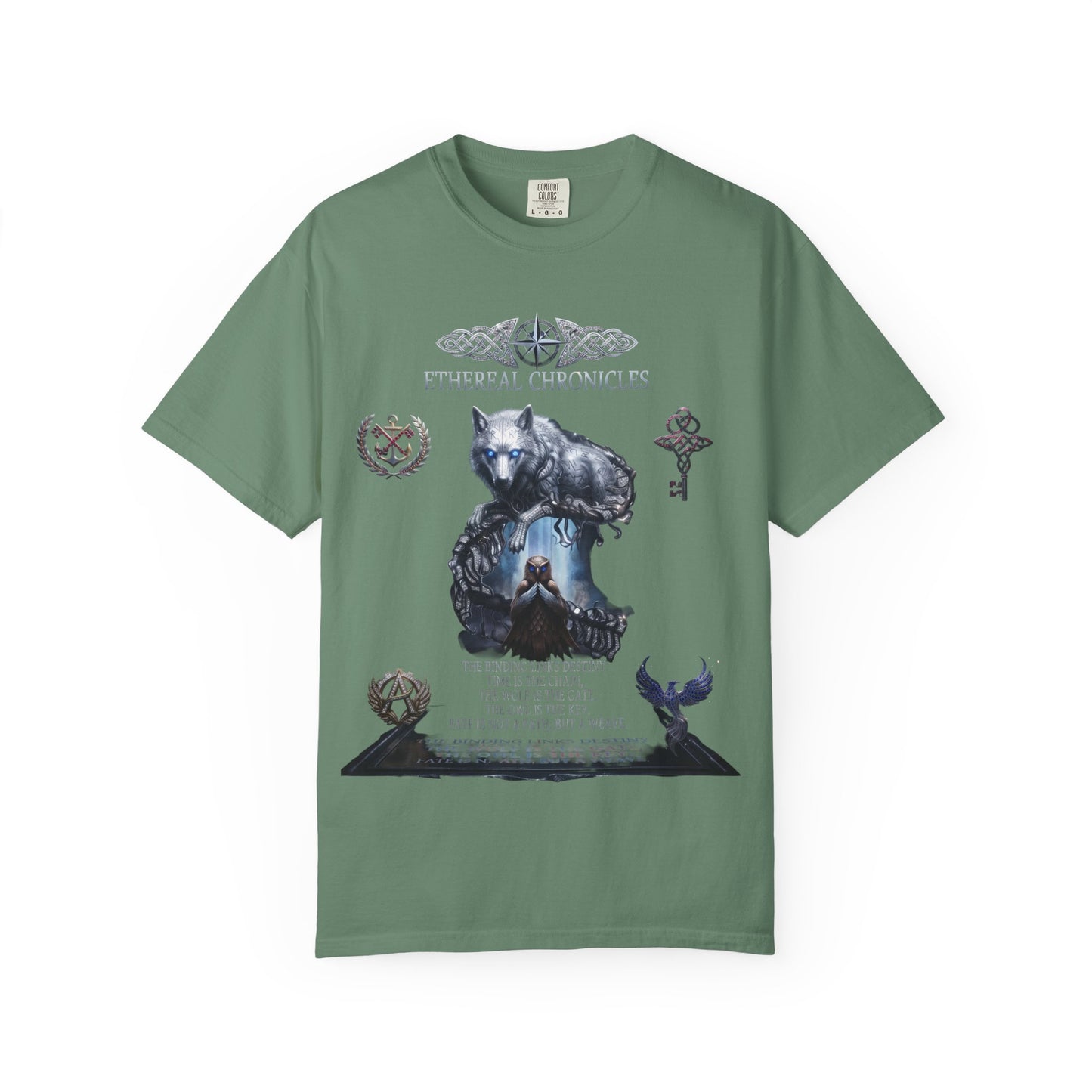Ethereal Chronicles Graphic Tee | Mythical Wolf & Celestial Owl Shirts for Men & Women | Dark Fantasy Gothic Aesthetics Heavyweight Comfort Colors 1717 T-Shirt