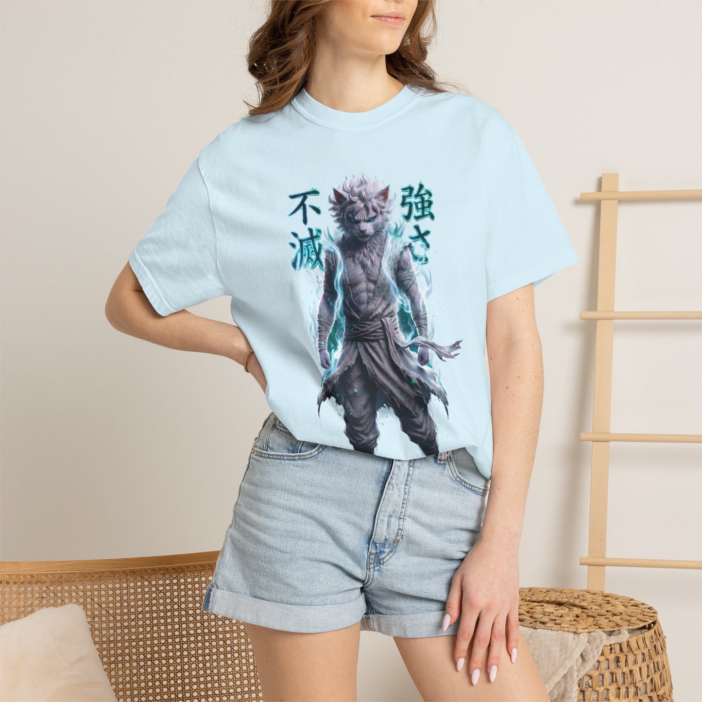 Y2K Cyberpunk Graphic Tee White Silver Cat Warrior Unisex Harajuku Style Streetwear Comfort Colors 1717 T-Shirt