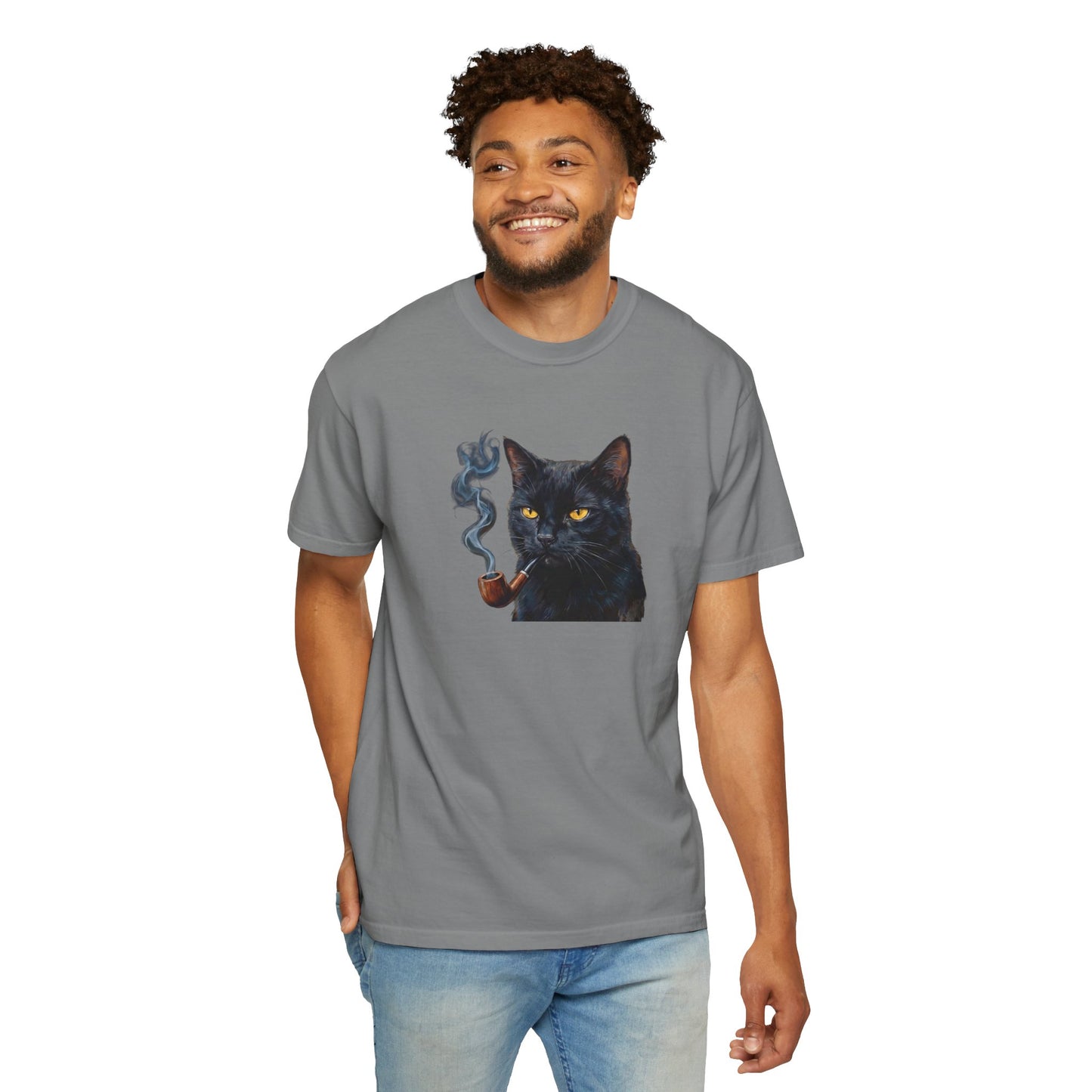 Smoking Cat Graphic T-Shirt — Retro Black Cat with Pipe Tee