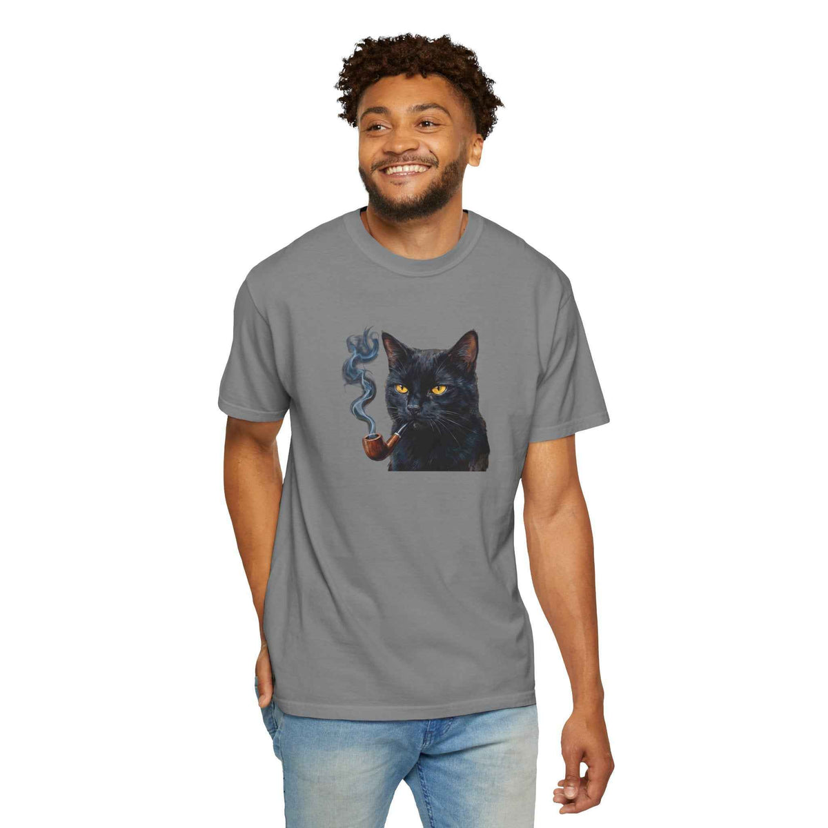 Smoking Cat Graphic T-Shirt — Vintage Noir Cat with Pipe Tee