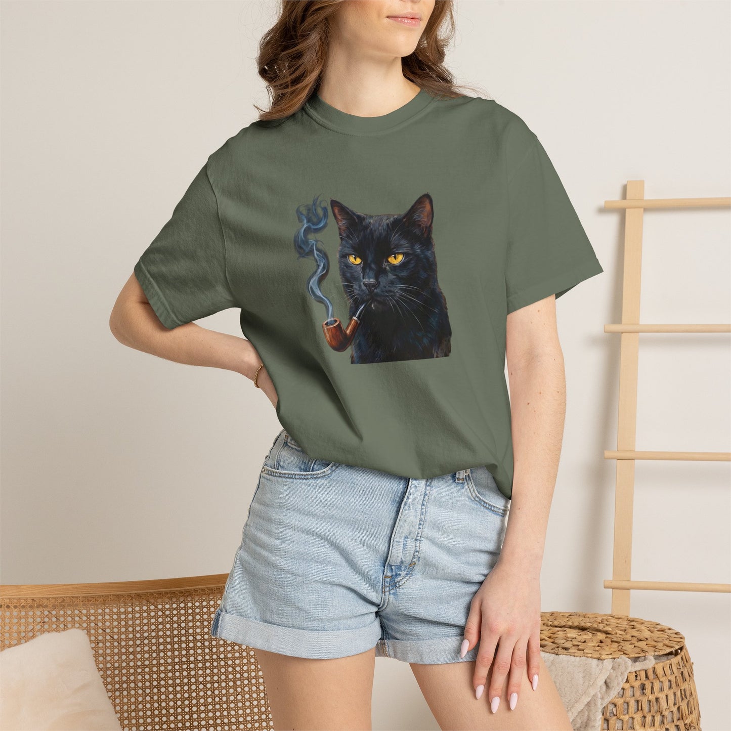 Smoking Cat Graphic T-Shirt — Retro Black Cat with Pipe Tee