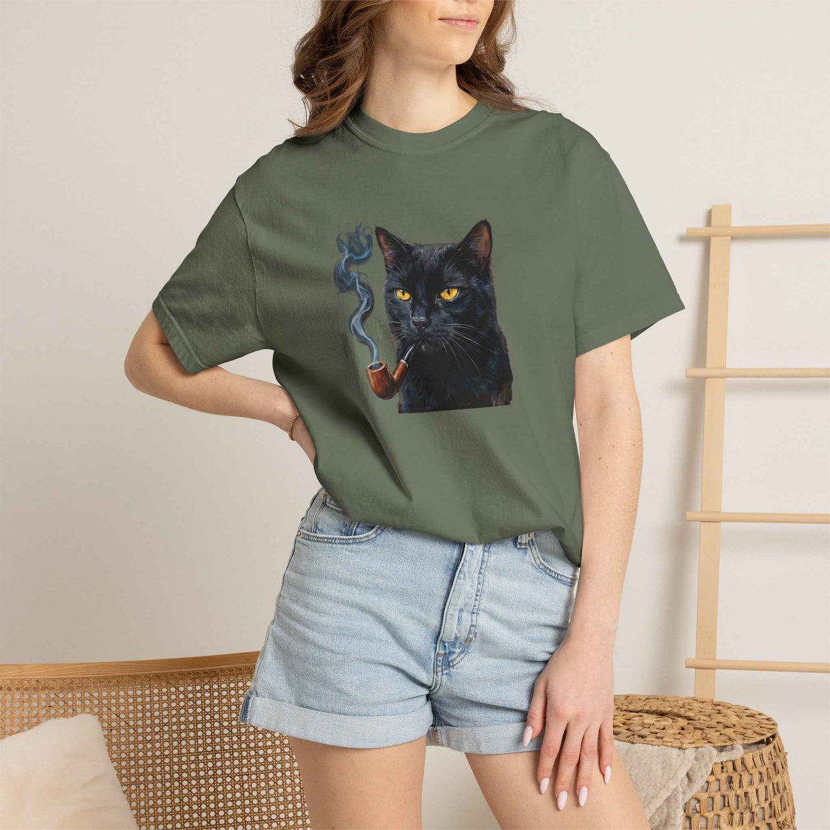 Smoking Cat Graphic T-Shirt — Vintage Noir Cat with Pipe Tee