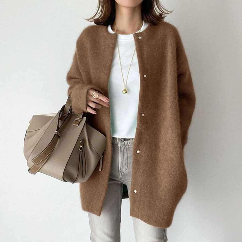 Stylish Loose Round Neck Cardigan - Solid Color Women's Coat for Autumn & Winter