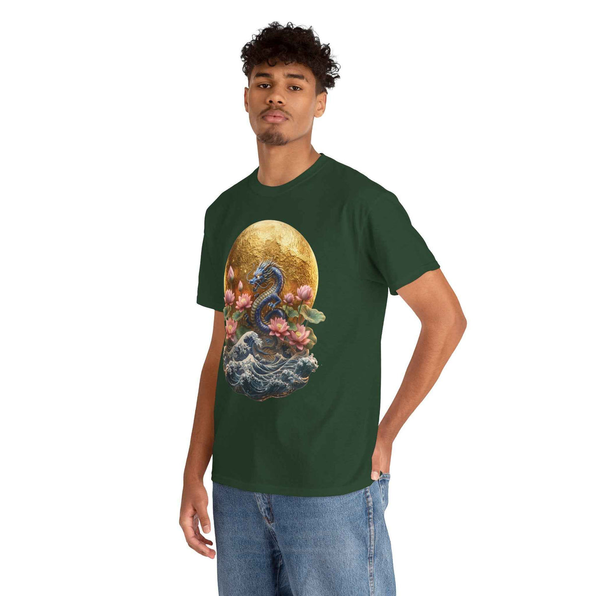 Japanese Dragon & Lotus Moon Graphic Tee - Heavy Cotton Streetwear