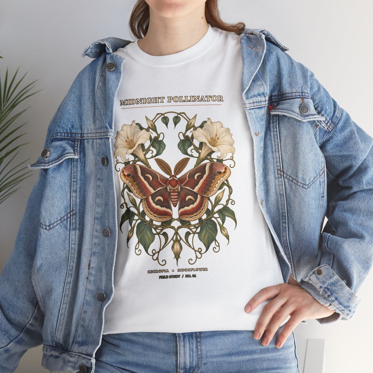 Midnight Pollinator Cecropia Moth & Moonflower Graphic Tee | Vintage Botanical Night Garden Shirt