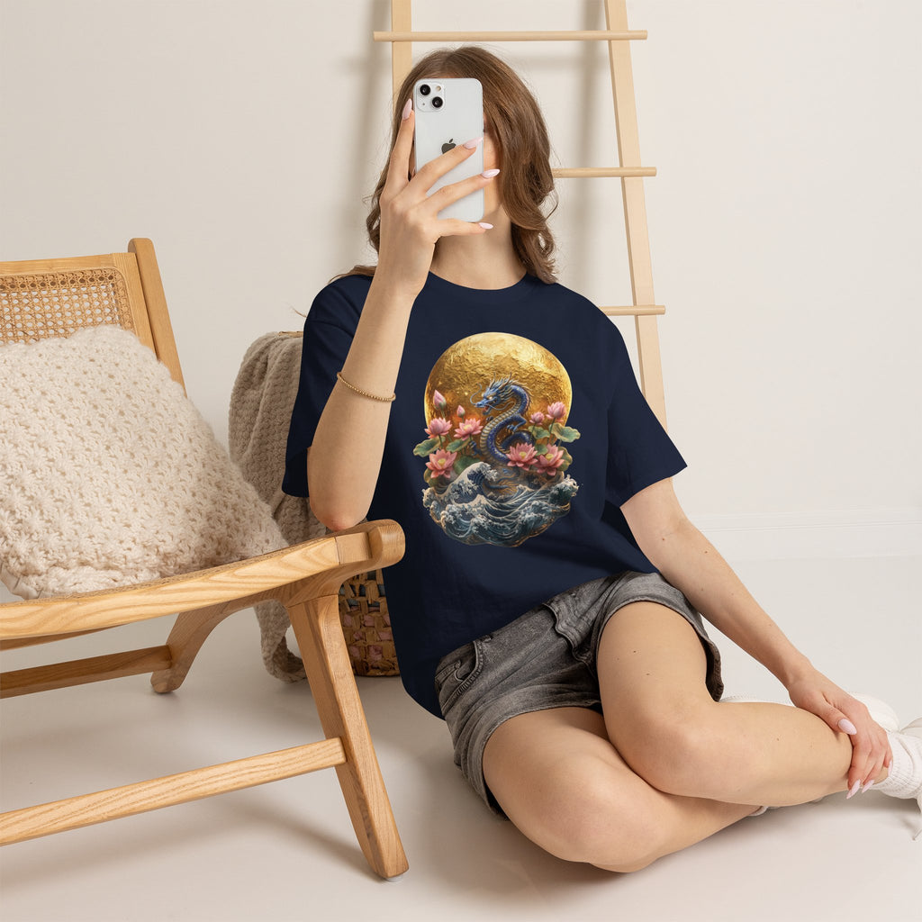 Japanese Dragon & Lotus Moon Graphic Tee - Heavy Cotton Streetwear