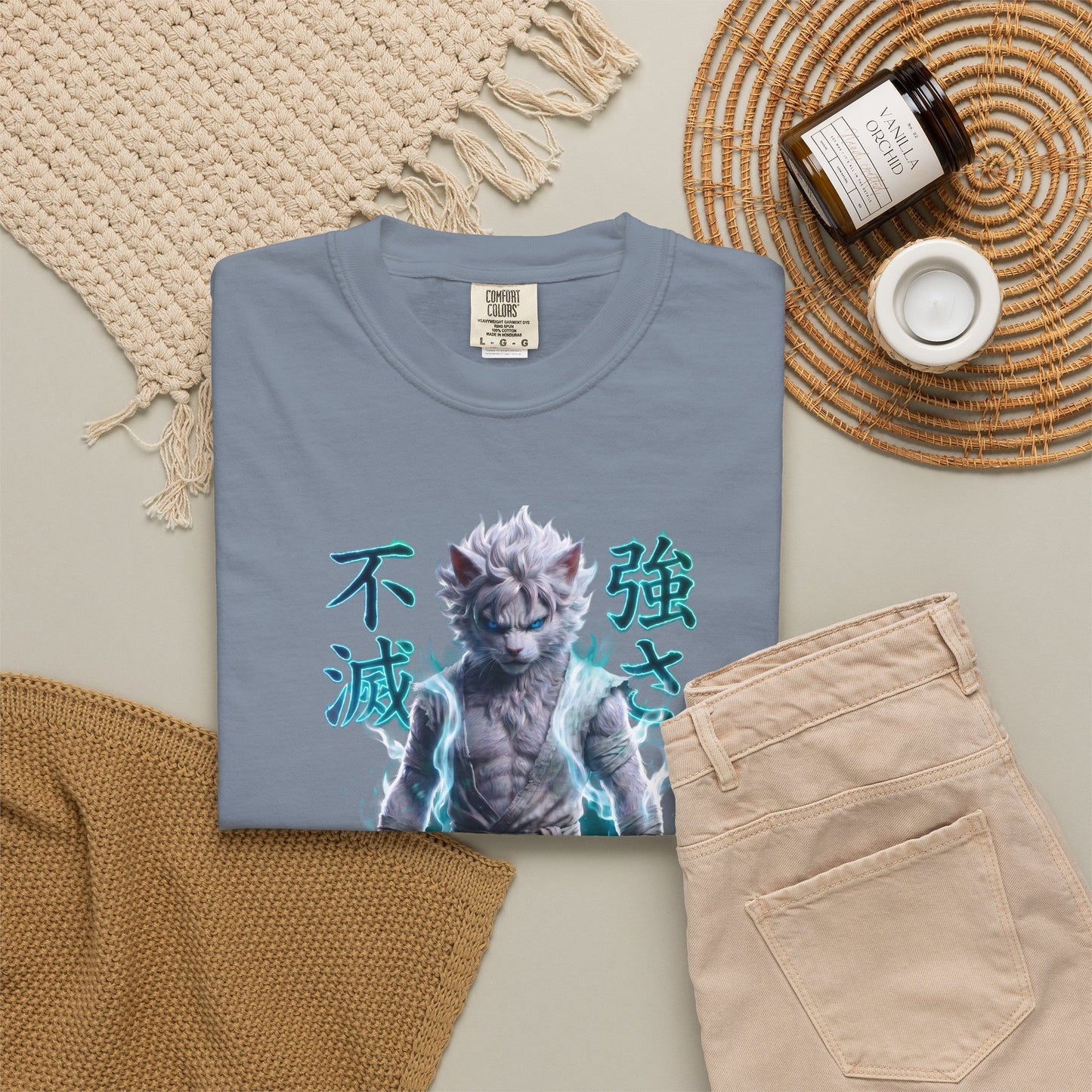 Y2K Cyberpunk Graphic Tee White Silver Cat Warrior Unisex Harajuku Style Streetwear Comfort Colors 1717 T-Shirt