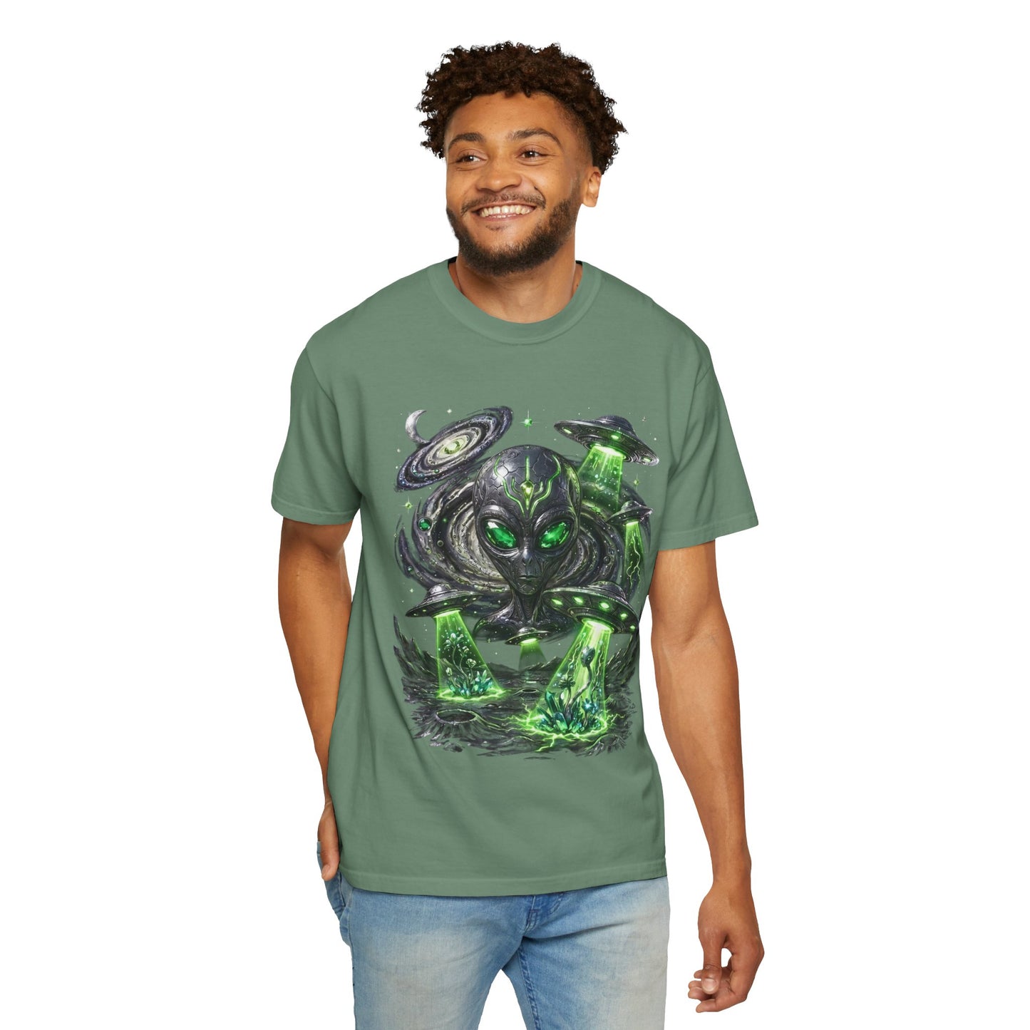 Y2K Cyberpunk Cosmic Space Monster T-Shirt Green Neon Aura Unisex Harajuku Style Streetwear Comfort Colors 1717 Graphic Tee