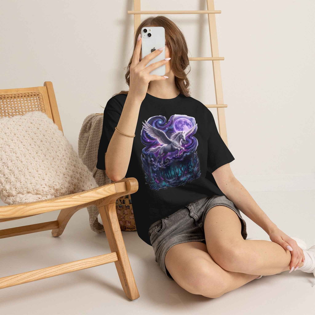 Celestial Pegasus Galaxy Moon Cotton T-Shirt - Cosmic Fantasy Graphic Tee