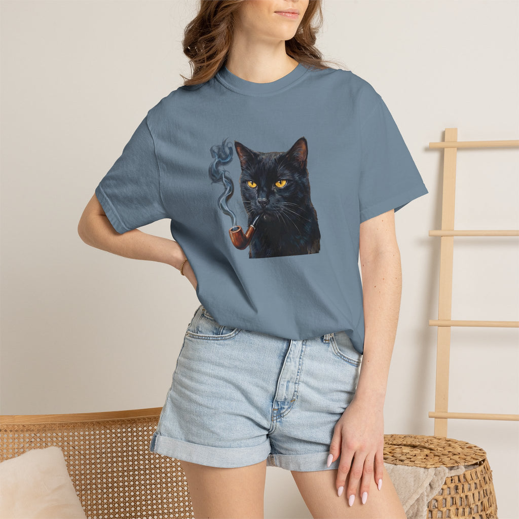 Smoking Cat Graphic T-Shirt — Vintage Noir Cat with Pipe Tee